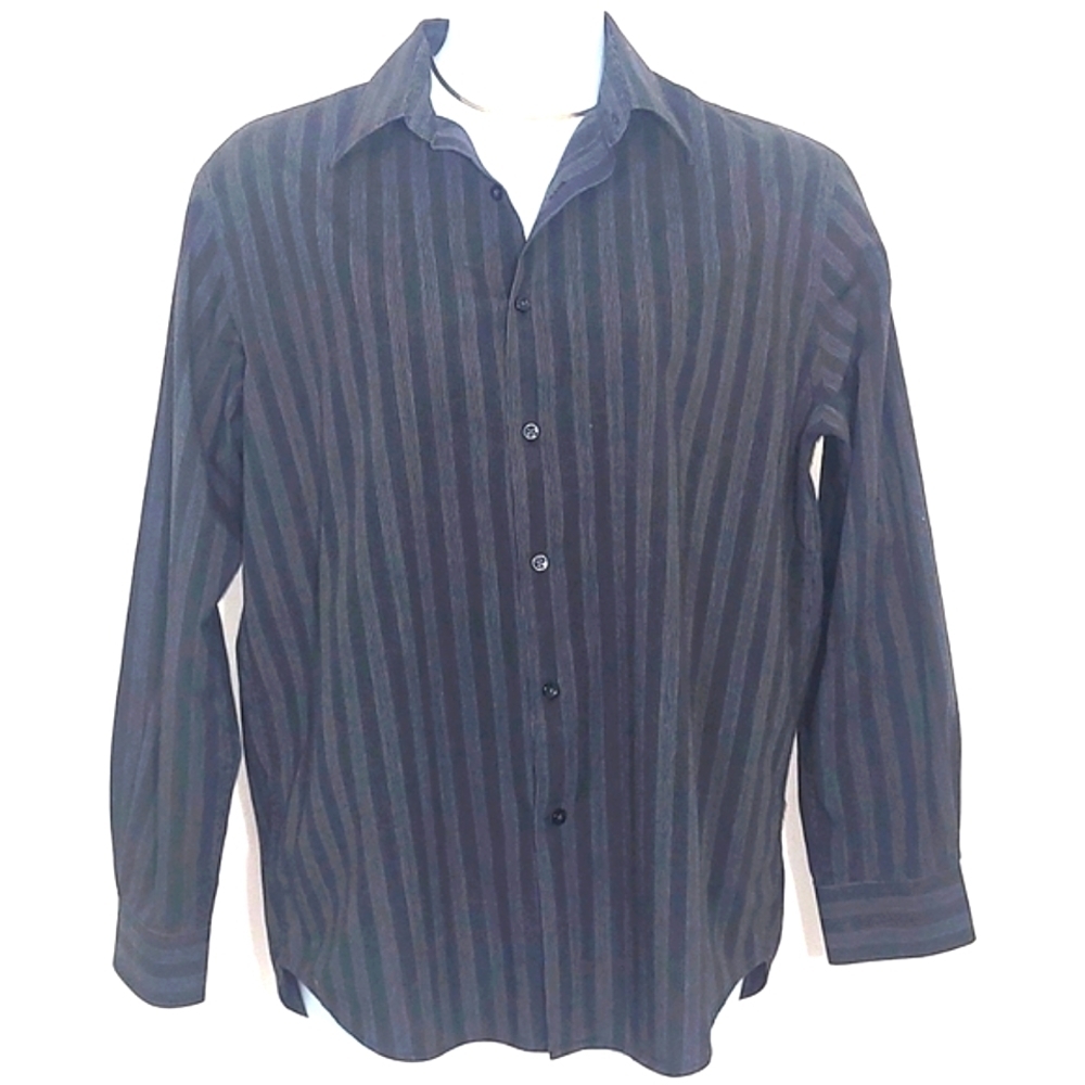 Perry Ellis long sleeve button-down shirt gray black striped Large